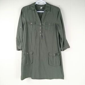 Old Navy Olive Green Shirt Dress Linen Blend M Roll Tab Sleeves Button Henley